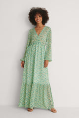 Stylish Green Georgette Floral Print V Neck Dress with Balloon Sleeves