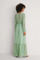 Stylish Green Georgette Floral Print V Neck Dress with Balloon Sleeves