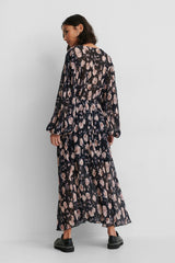 Stylish Black Georgette Floral Print V Neck Dress with Balloon Sleeves