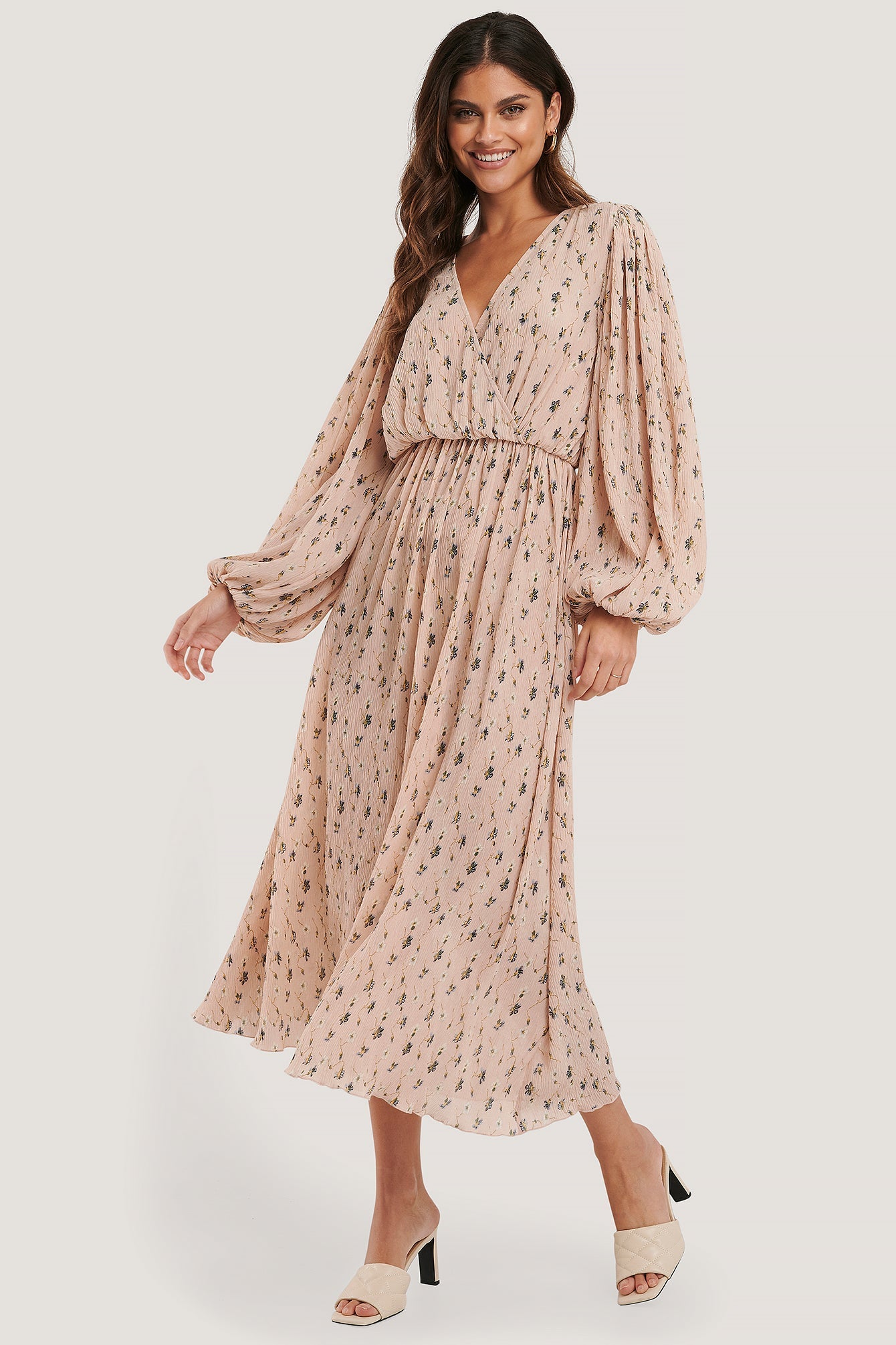 Chic Beige Georgette V Neck Dress with Floral Print & Balloon Sleeves