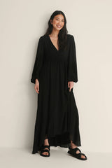 Stylish Black A-line Georgette Dress with Balloon Sleeves & V Neck Design