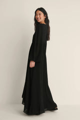 Stylish Black A-line Georgette Dress with Balloon Sleeves & V Neck Design