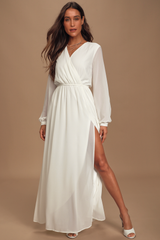 Elegant White Georgette V Neck Dress with Puff Sleeves - Solid Style