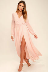 Chic Pink Georgette Dress with Puff Sleeves and Side Slit - Solid Style