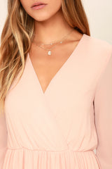 Chic Pink Georgette Dress with Puff Sleeves and Side Slit - Solid Style