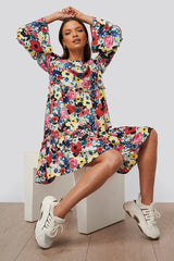 Chic Multi Flounce Georgette Floral Print Dress with Bell Sleeves - Shop Now