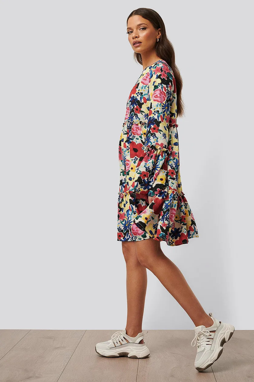 Chic Multi Flounce Georgette Floral Print Dress with Bell Sleeves - Shop Now