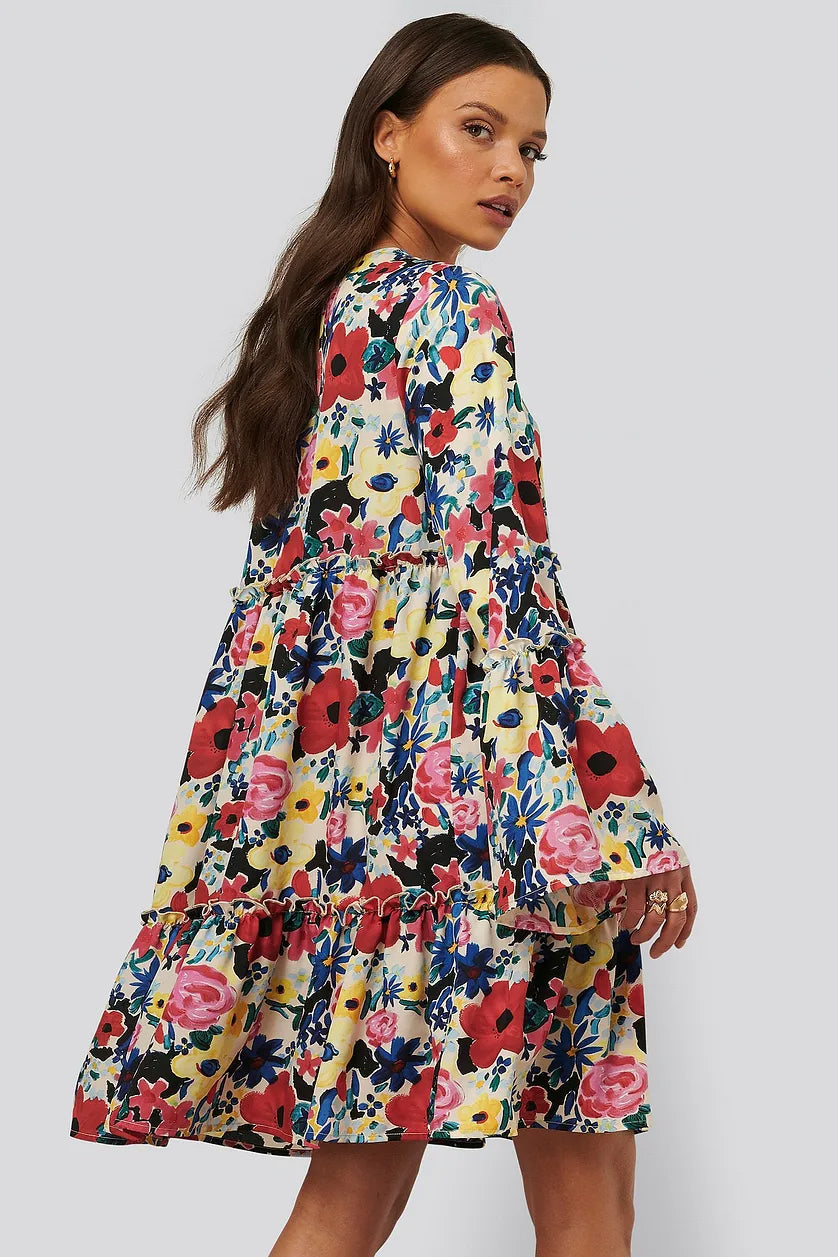 Chic Multi Flounce Georgette Floral Print Dress with Bell Sleeves - Shop Now