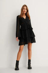 Elegant Black Satin Kimono Dress with Layered Flounce Design - Perfect for Any Occasion