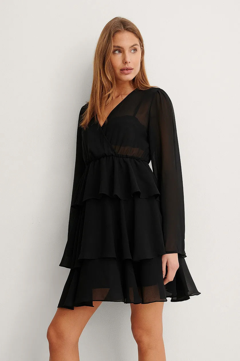 Elegant Black Satin Kimono Dress with Layered Flounce Design - Perfect for Any Occasion