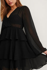 Elegant Black Satin Kimono Dress with Layered Flounce Design - Perfect for Any Occasion