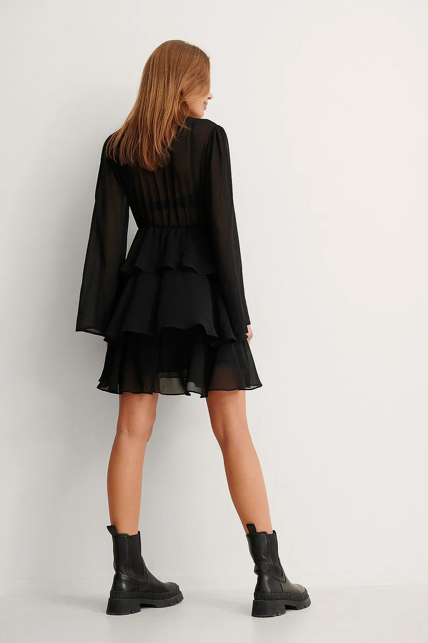 Elegant Black Satin Kimono Dress with Layered Flounce Design - Perfect for Any Occasion