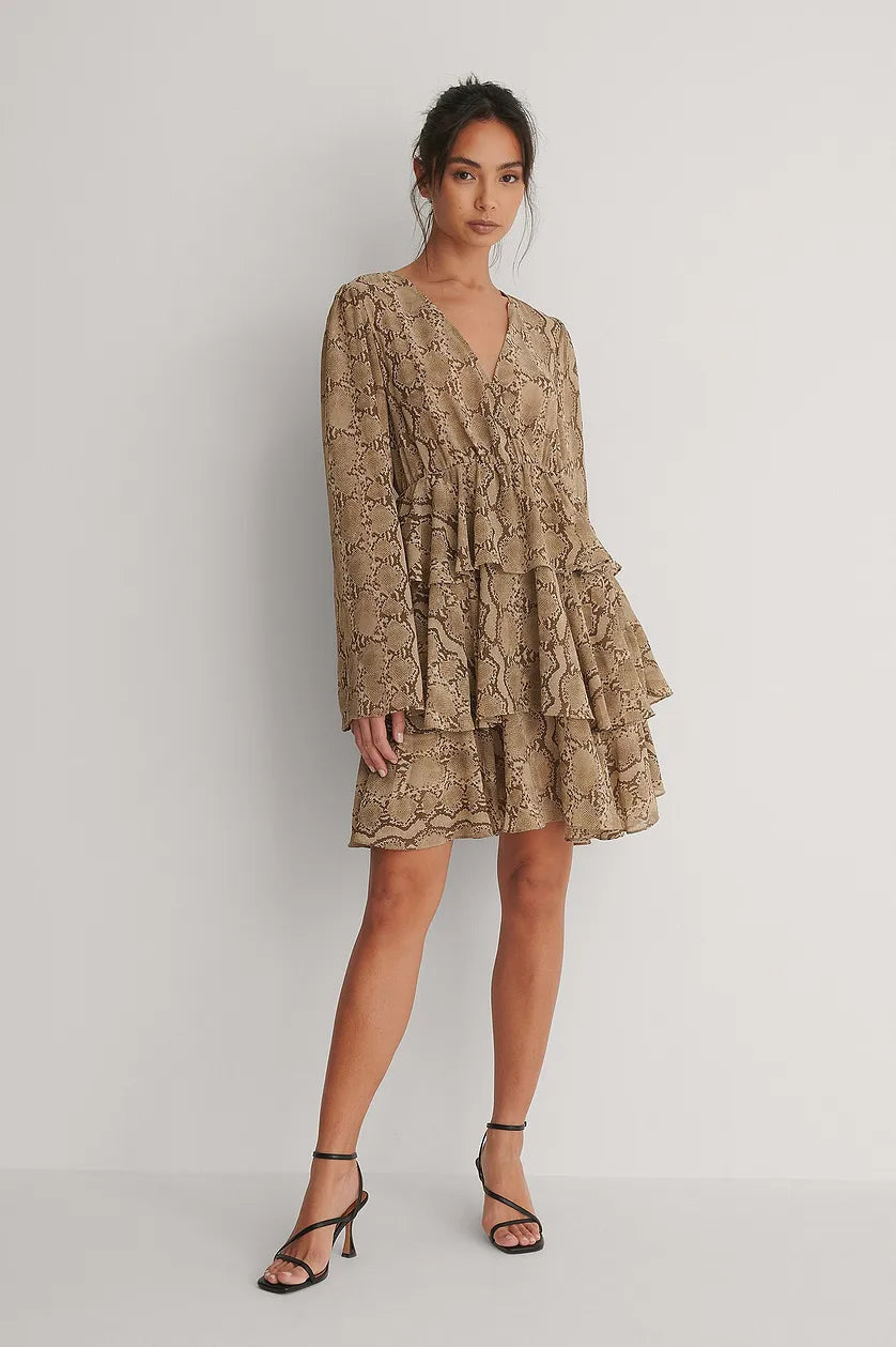 Elegant Beige Floral Georgette Kimono Dress with V Neck and Flounce Layers