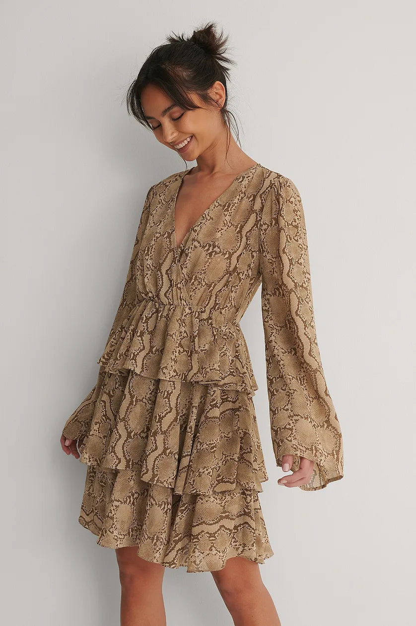 Elegant Beige Floral Georgette Kimono Dress with V Neck and Flounce Layers