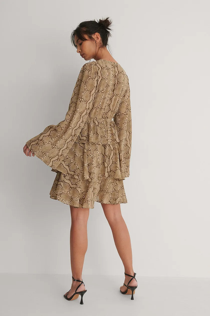 Elegant Beige Floral Georgette Kimono Dress with V Neck and Flounce Layers