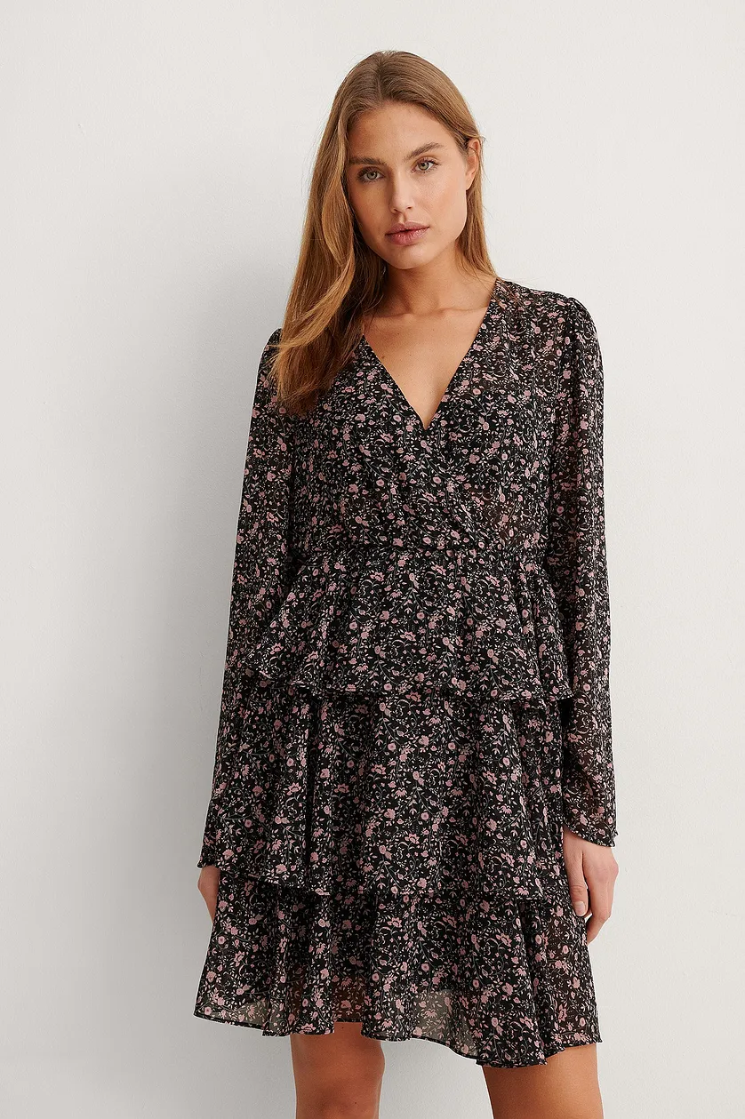 Stylish Black Floral Print Georgette Kimono Dress with Layered Flounce