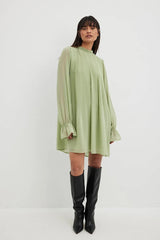 Stylish Green Georgette Puff Sleeve Dress - Solid Color Fashion Outfit