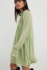 Stylish Green Georgette Puff Sleeve Dress - Solid Color Fashion Outfit