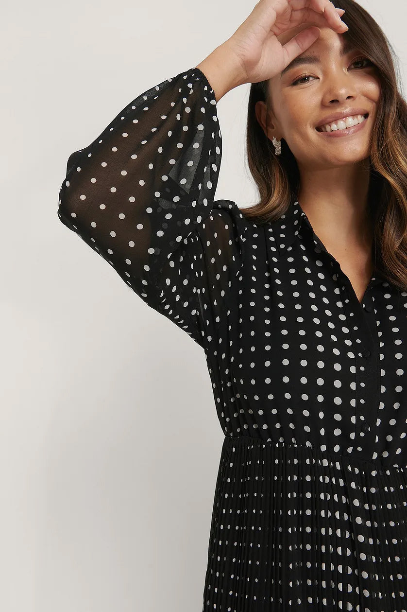 Stylish Black Georgette V Neck Dress with Polka Dots & Balloon Sleeves