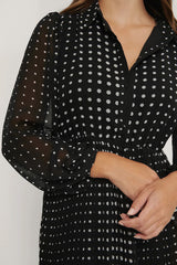 Stylish Black Georgette V Neck Dress with Polka Dots & Balloon Sleeves