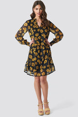 Chic Black Boho Georgette Dress with Floral Print & Puff Sleeves - Shop Now