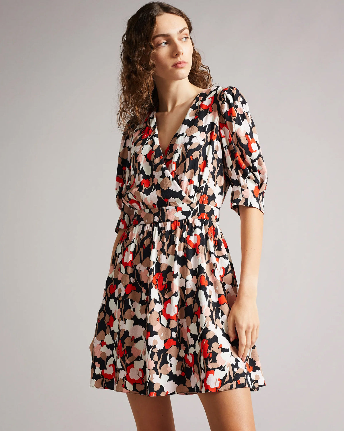 Floral Print V Neck Crepe Dress with Puff Sleeves - Multi Color Fashion Trend