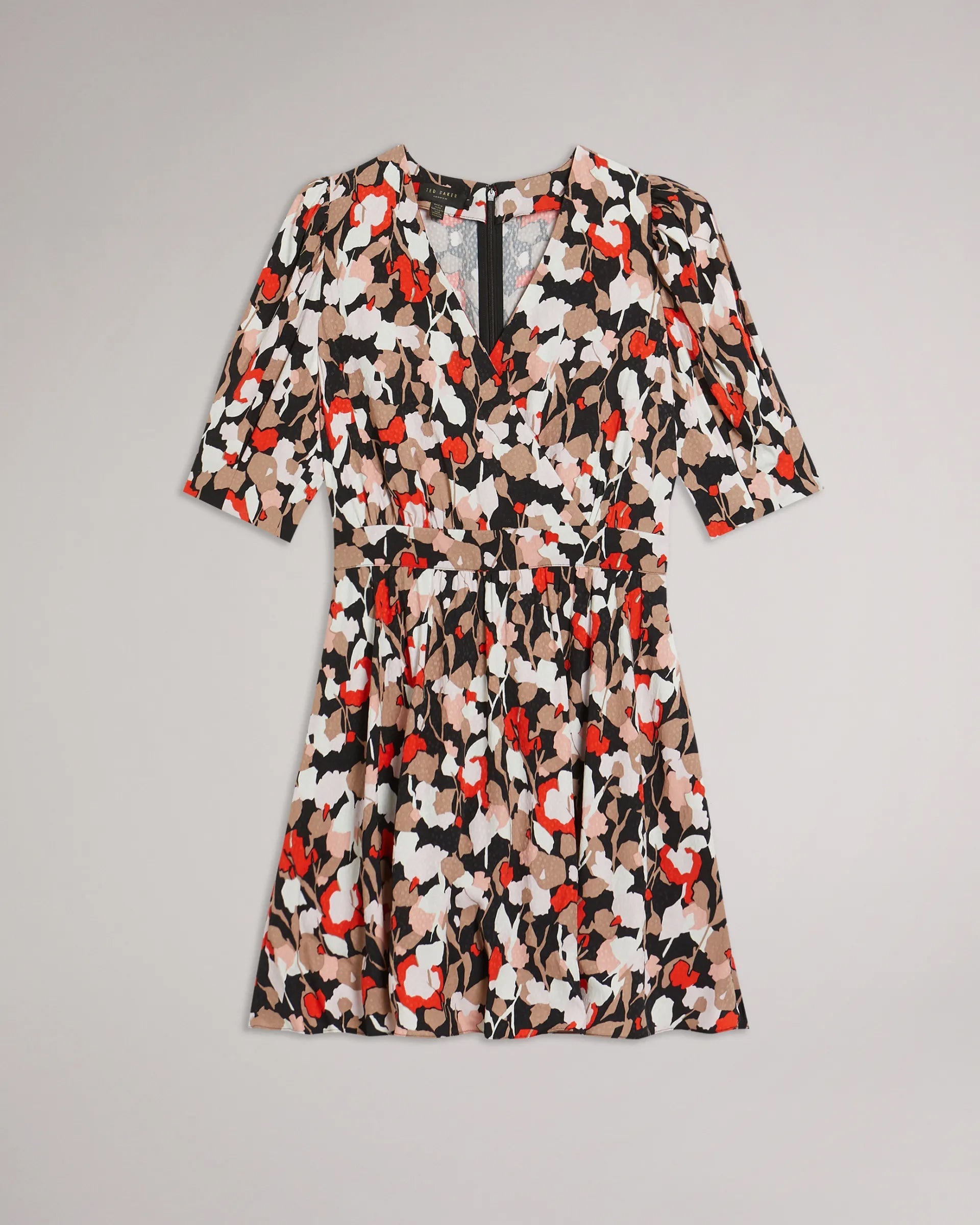 Floral Print V Neck Crepe Dress with Puff Sleeves - Multi Color Fashion Trend