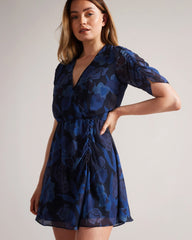 Stylish Blue A-line Chiffon Dress with Print & V Neck - Short Sleeves