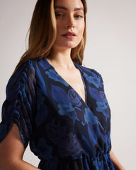 Stylish Blue A-line Chiffon Dress with Print & V Neck - Short Sleeves