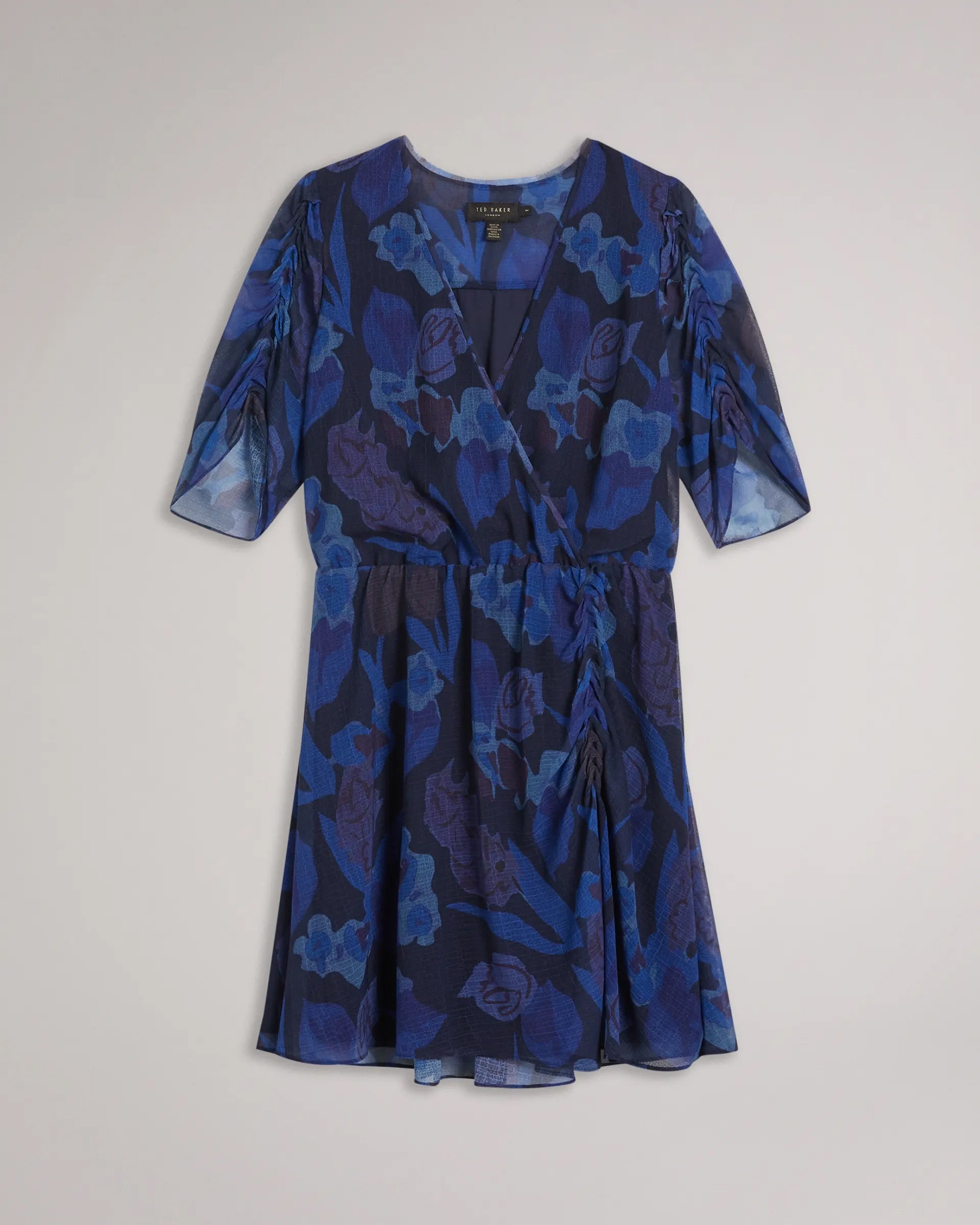 Stylish Blue A-line Chiffon Dress with Print & V Neck - Short Sleeves