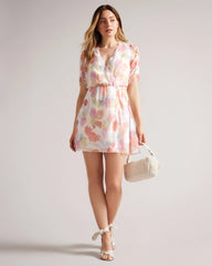 Stylish Multi A-line Chiffon Dress with Printed Short Sleeves & V Neck