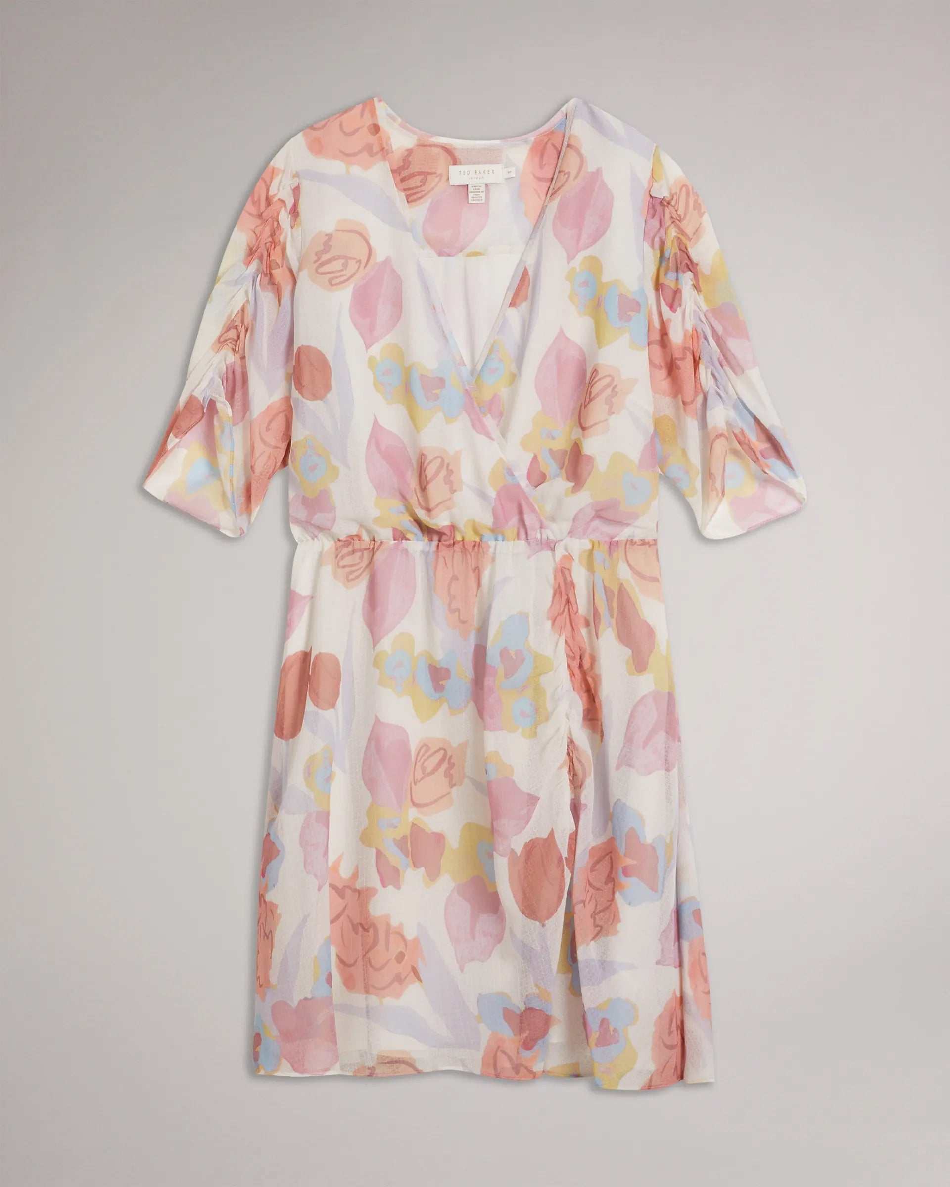 Stylish Multi A-line Chiffon Dress with Printed Short Sleeves & V Neck