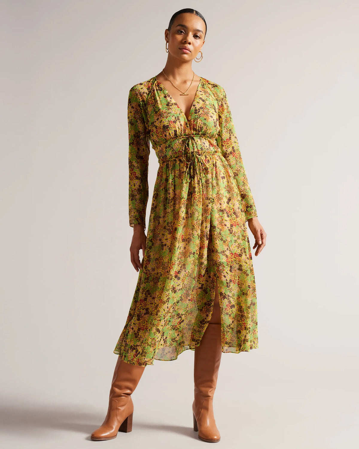 Stylish Green Floral Print Georgette V Neck Dress with Long Sleeves