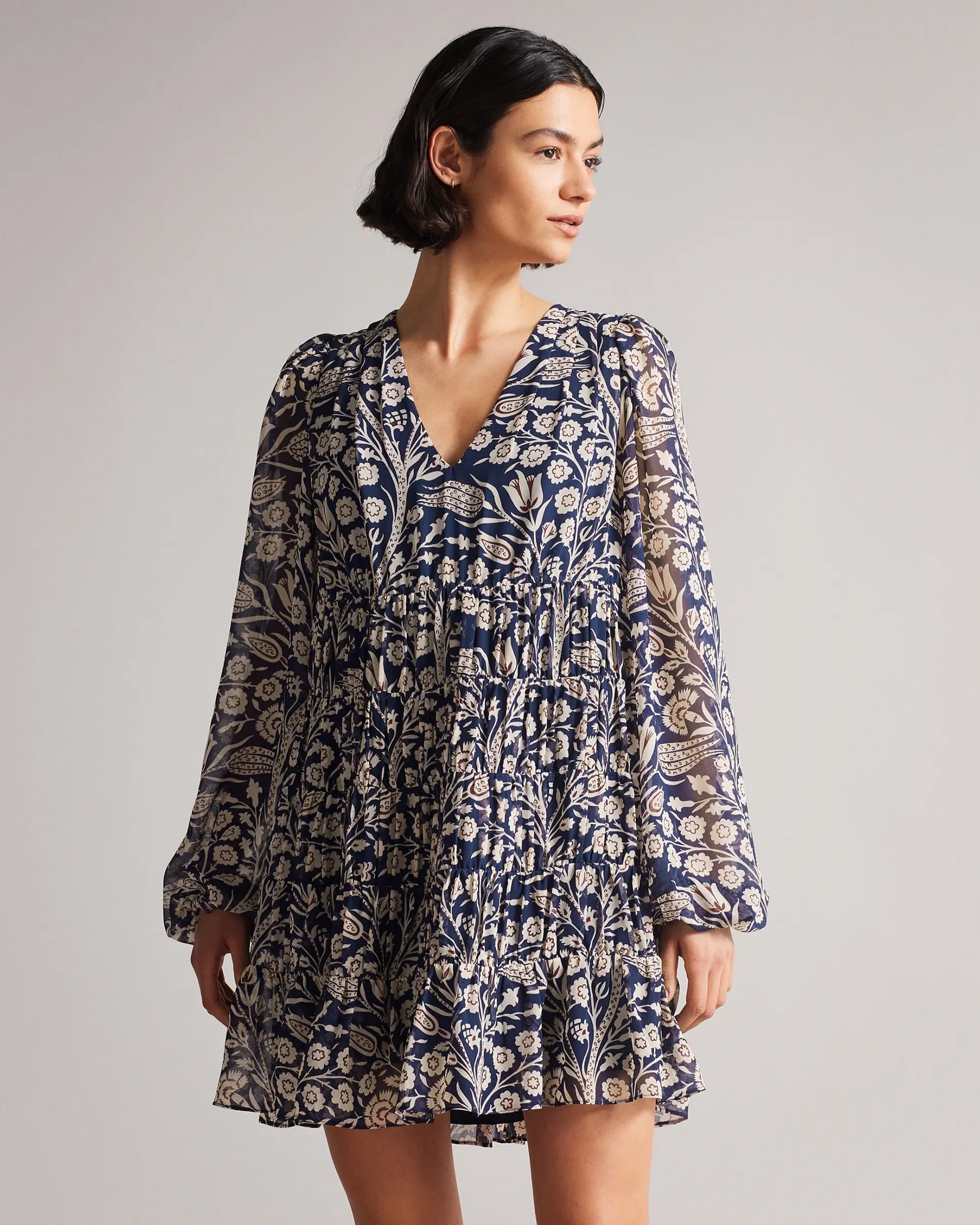 Stylish Blue Boho V Neck Dress - Long Sleeves, Polyester, Printed Design