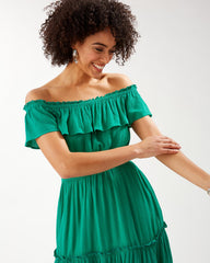 Chic Green Off Shoulder Georgette Tube Dress with Short Sleeves - Solid Style