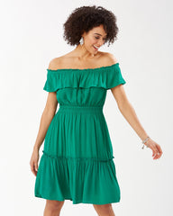 Chic Green Off Shoulder Georgette Tube Dress with Short Sleeves - Solid Style