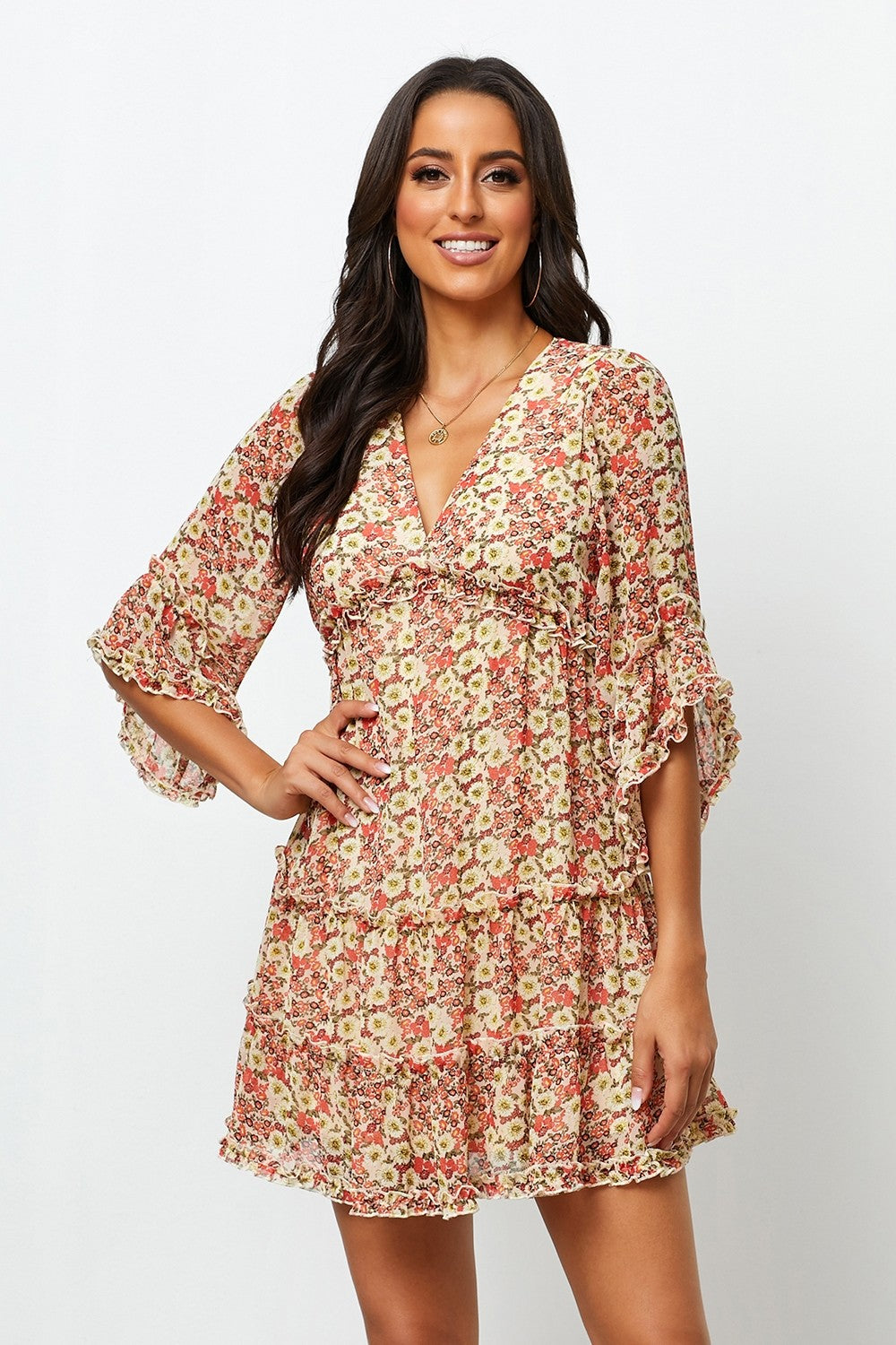 Multi Floral Frill Flounce Sleeve Georgette Dress