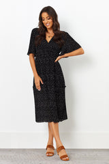 Stylish Black Georgette Polka Dot V Neck Dress with Flutter Sleeves