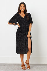 Stylish Black Georgette Polka Dot V Neck Dress with Flutter Sleeves