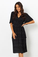 Stylish Black Georgette Polka Dot V Neck Dress with Flutter Sleeves