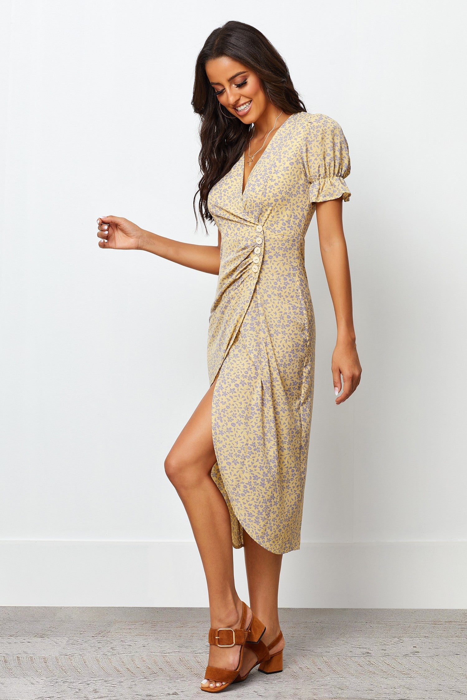 Stylish Brown Floral Crepe A-line Dress with V Neck & Short Sleeves