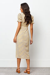 Stylish Brown Floral Crepe A-line Dress with V Neck & Short Sleeves