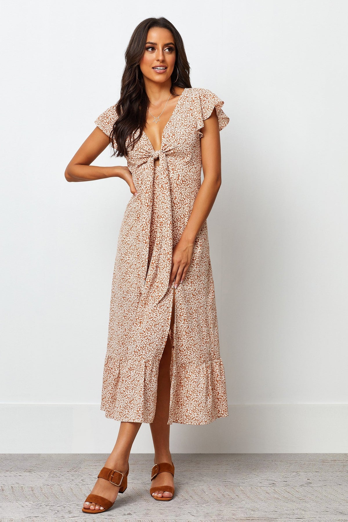 Stylish Brown A-line Long Dress with Printed Flutter Sleeves - Polyester Fabric