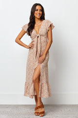 Stylish Brown A-line Long Dress with Printed Flutter Sleeves - Polyester Fabric