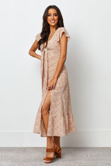 Stylish Brown A-line Long Dress with Printed Flutter Sleeves - Polyester Fabric