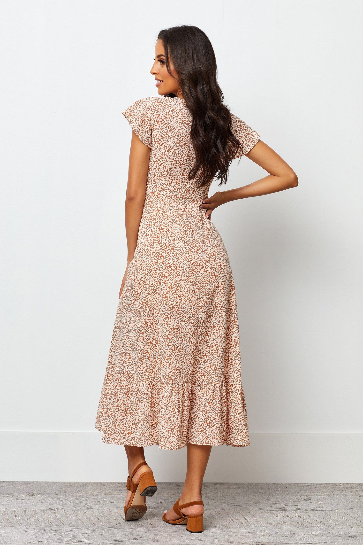 Stylish Brown A-line Long Dress with Printed Flutter Sleeves - Polyester Fabric