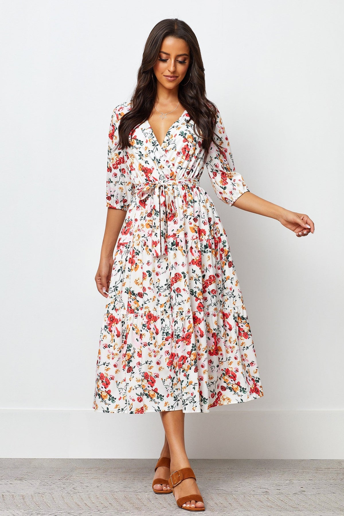 White Crepe Floral Print V Neck Dress with Balloon Sleeves - Stylish & Elegant