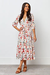 White Crepe Floral Print V Neck Dress with Balloon Sleeves - Stylish & Elegant