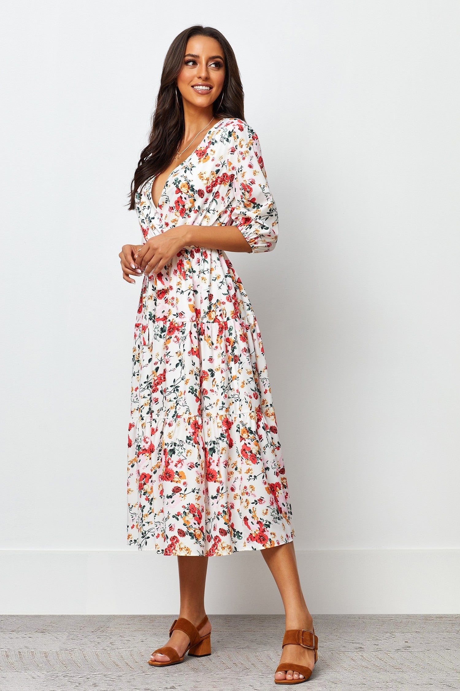 White Crepe Floral Print V Neck Dress with Balloon Sleeves - Stylish & Elegant