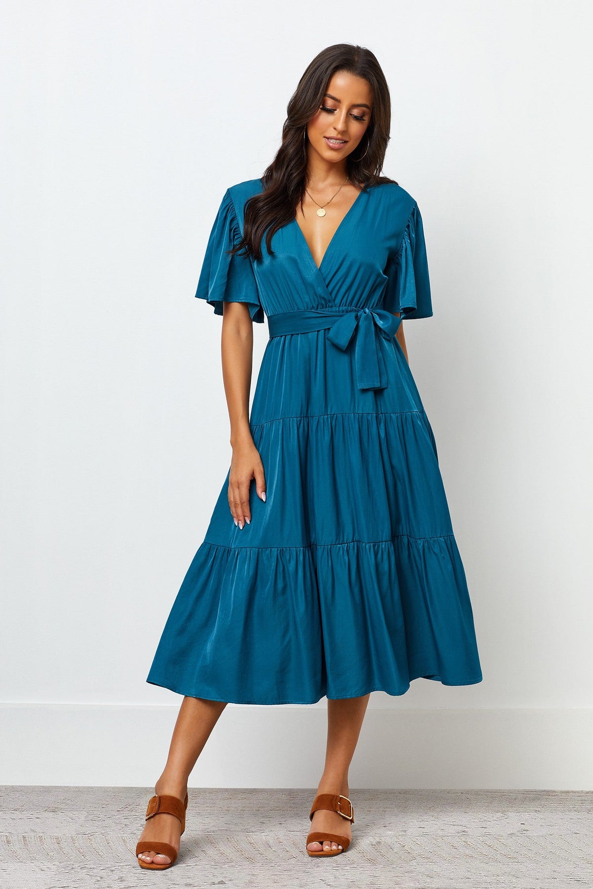 Stylish Blue Rayon V Neck Dress with Flutter Sleeves - Solid Design